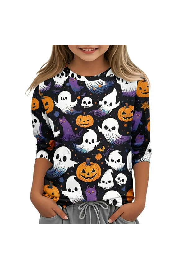 Halloween Shirts for Girls Size 6-8 Spooky Ghost Pumpkin Graphic T-Shirts for Kid Girls Crewneck 3/4 Sleeve T Shirts for Girls Fall Funny Scary Top for Girls,9-10 Years