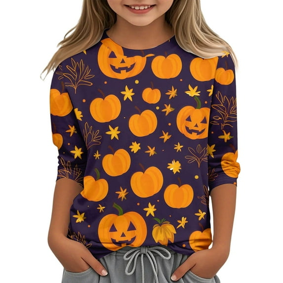 Abcomgle Halloween Shirts for Girls Size 6-8 Spooky Pumpkin Face Graphic T-Shirts for Kid Girls Crewneck 3/4 Sleeve Shirts for Kids Girls Fall Funny Holiday Blouses for Girls,3-4 Years
