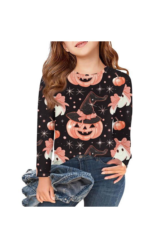 Halloween Shirts for Girls Size 6-8 Spooky Pumpkin Witchs Hat Graphic Tee Shirts for Girls Crewneck Long Sleeve Shirts for Kids Girls Fall Funny Cute Blouses for Girls,4-5 Years