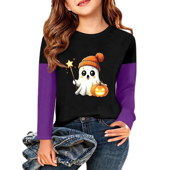Abcomgle Halloween Shirts for Girls Size 7/8 Cute Magic Ghost Graphic Tshirts for Kids Crewneck Raglan Long Sleeve Shirts for Kids Fall Funny Tee Top Girls