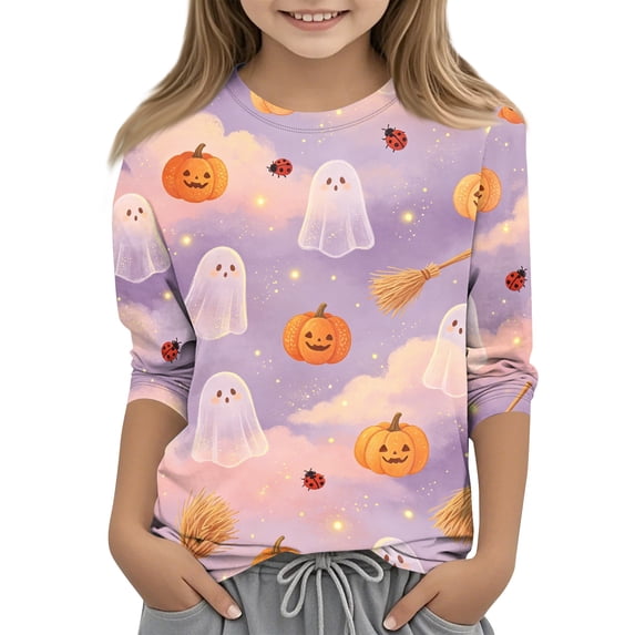 Abcomgle Halloween Shirts for Girls Size 7/8 Spooky Ghost Pumpkin Broom Graphic T Shirts for Girls Crewneck 3/4 Sleeve T-Shirts for Kid Girls Fall Funny Holiday Blouses for Girls
