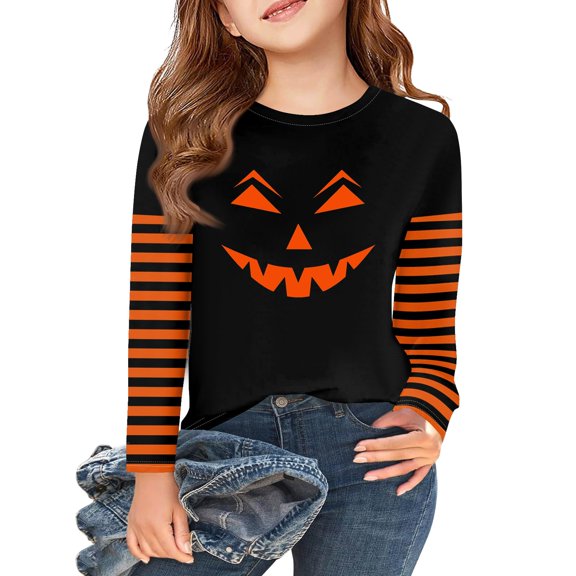Abcomgle Halloween Shirts for Girls Size 7/8 Spooky Pumpkin Face Graphic T Shirts for Girls Crewneck Long Sleeve Tshirts for Kids Fall Funny Scary Top for Girls,6-7 Years