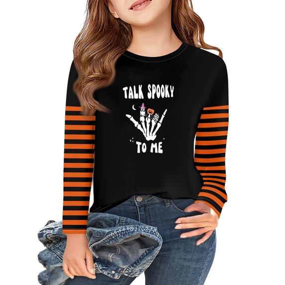 Abcomgle Halloween Shirts for Girls Size 7/8 Spooky Spooky Skeleton Graphic Tshirts for Girls Crewneck Long Sleeve Shirts for Kids Fall Funny Holiday Top for Girls,6-7 Years