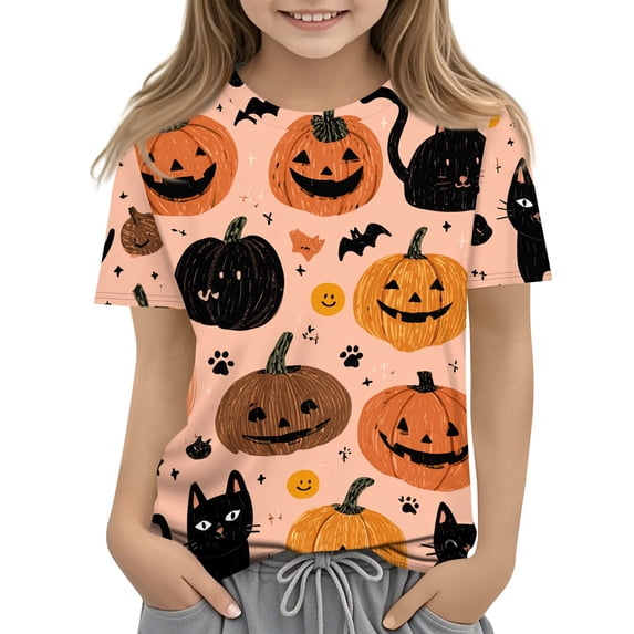 Abcomgle Halloween Shirts for Girls Spooky Black Cat Pumpkin Graphic Shirts for Kids Girls Crewneck Short Sleeve T Shirts for Girls Fall Funny Holiday Blouses for Girls