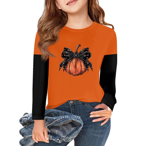 Abcomgle Halloween Shirts for Girls Spooky Bow Pumpkin Graphic Shirts for Kids Girls Crewneck Long Sleeve Tee Shirts for Girls Fall Funny Holiday Top for Girls,2-3 Years