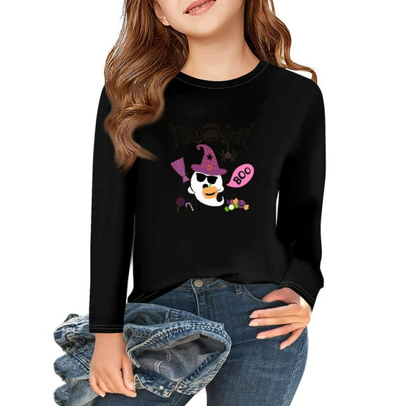 Abcomgle Halloween Shirts for Girls Spooky Ghost Boo Graphic Shirts for Kids Crewneck Long Sleeve Tshirts for Girls Fall Funny Holiday Blouses for Girls,10-11 Years