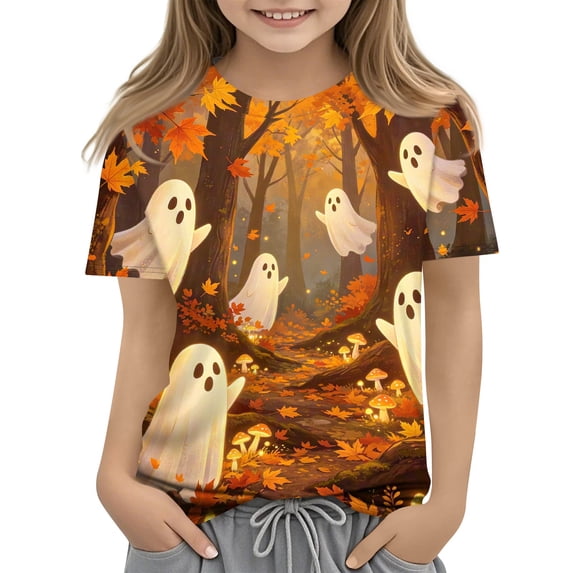 Abcomgle Halloween Shirts for Girls Spooky Ghost Maple Leaf Graphic T-Shirts for Kid Girls Crewneck Short Sleeve T Shirts for Girls Fall Funny Holiday Blouses for Girls