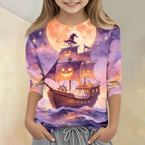Abcomgle Halloween Shirts for Girls Spooky Ghost Pumpkin Boat Graphic Shirts for Kids Crewneck 3/4 Sleeve Tshirts for Kids Fall Funny Cute Top for Girls