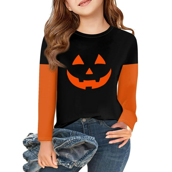 Abcomgle Halloween Shirts for Girls Spooky Pumpkin Face Graphic T Shirts for Girls Crewneck Long Sleeve T-Shirts for Kid Girls Fall Funny Cute Tee Top Girls,4-5 Years