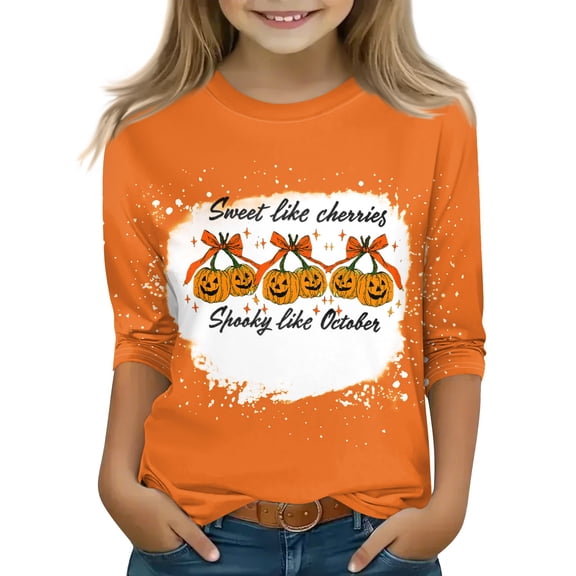 Abcomgle Halloween Shirts for Girls Spooky Pumpkin Face T-Shirts for Girls Crewneck 3/4 Sleeve Shirts for Kids Girls Fall Funny Cute Top for Girls,7-8 Years