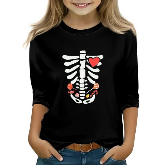 Abcomgle Halloween Shirts for Girls Spooky Spooky Skeleton Graphic T Shirts for Girls Crewneck 3/4 Raglan Sleeve Tee Shirts for Girls Fall Funny Cute Tee Top Girls,10-11 Years
