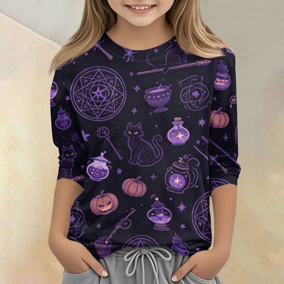 Abcomgle Halloween Shirts for Kids Boys Spooky Black Cat Pumpkin Graphic Shirts for Kids Crewneck 3/4 Sleeve Shirts for Kids Girls Fall Funny Holiday Blouses for Girls