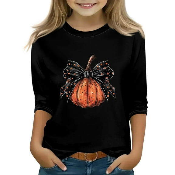 Abcomgle Halloween Shirts for Kids Boys Spooky Bow Pumpkin Graphic Tshirts for Kids Crewneck 3/4 Raglan Sleeve Shirts for Kids Girls Fall Funny Cute Top for Girls,3-4 Years