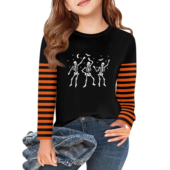 Abcomgle Halloween Shirts for Kids Boys Spooky Dancing Skeleton Graphic T Shirts for Girls Crewneck Long Sleeve Shirts for Kids Fall Funny Holiday Top for Girls,8-9 Years