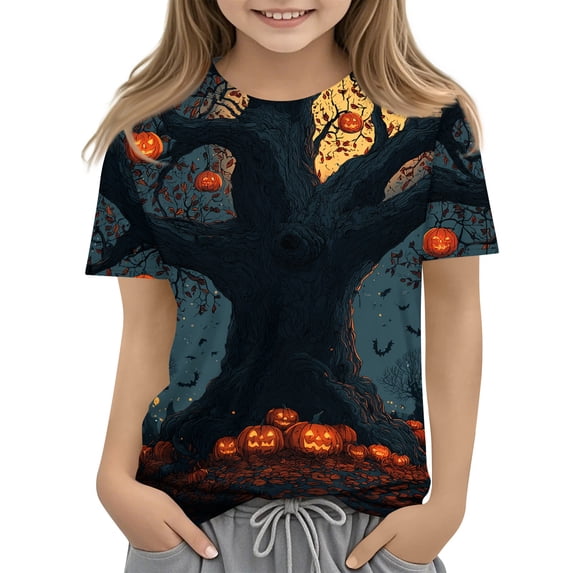 Abcomgle Halloween Shirts for Kids Boys Spooky Gothic Style Pumpkin Graphic Shirts for Kids Crewneck Short Sleeve T-Shirts for Kid Girls Fall Funny Summer Halloween Top for Girls