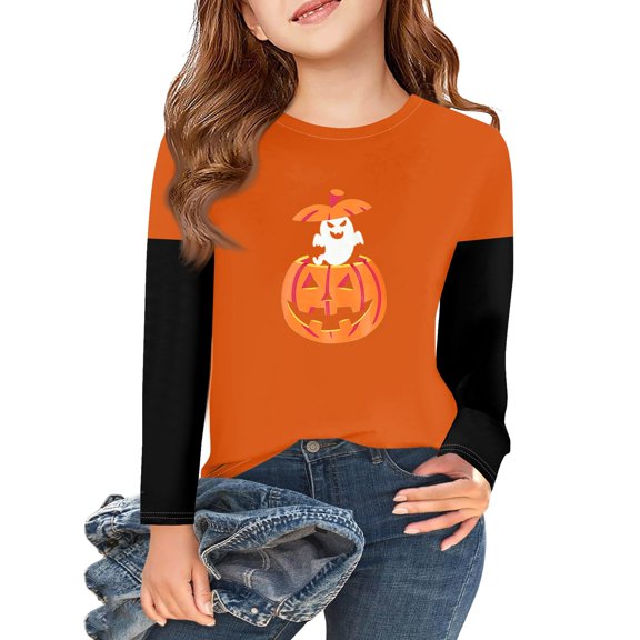 Abcomgle Halloween Shirts for Kids Boys Spooky Jack O Lantern Tshirts for Girls Crewneck Long Sleeve Tshirts for Kids Fall Funny Cute Tee Top Girls,8-9 Years
