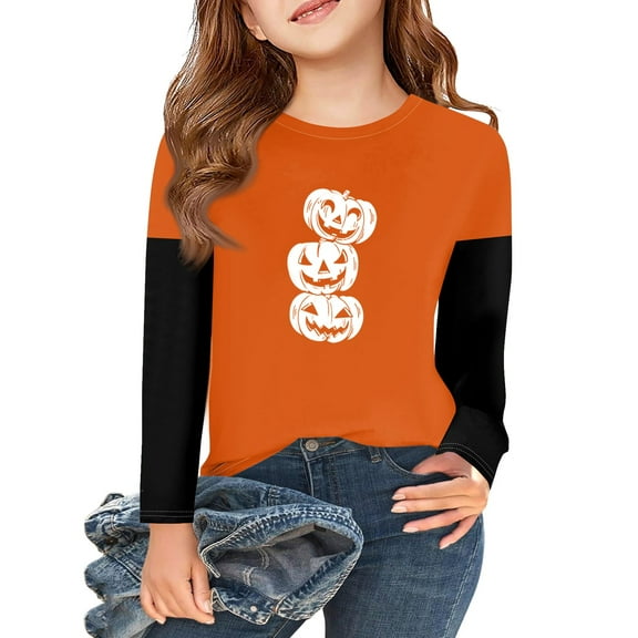Abcomgle Halloween Shirts for Kids Boys Spooky Pumpkin Face Graphic Shirts for Kids Crewneck Long Sleeve Tee Shirts for Girls Fall Funny Scary Tee Top Girls,3-4 Years