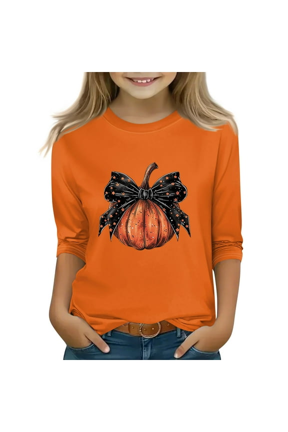 Halloween Shirts for Kids Girls Spooky Bow Pumpkin Graphic Shirts for Kids Crewneck 3/4 Raglan Sleeve Tee Shirts for Girls Fall Funny Scary Top for Girls,8-9 Years