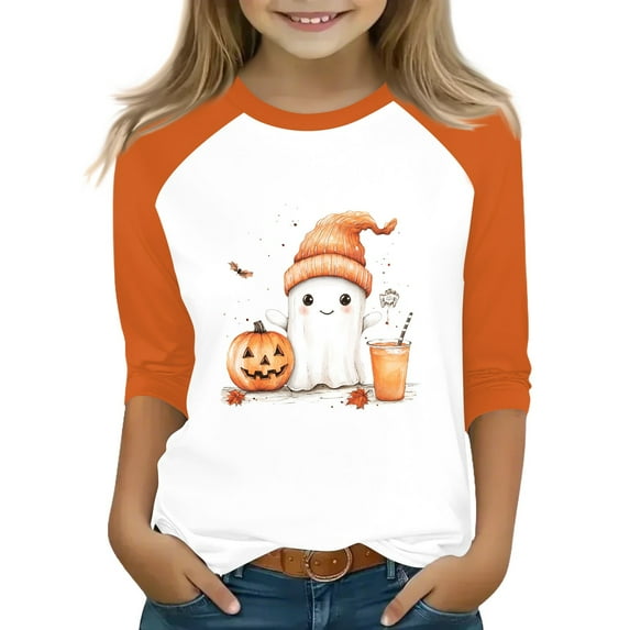 Abcomgle Halloween Shirts for Kids Girls Spooky Ghost Drinking Coffee T-Shirts for Girls Crewneck 3/4 Raglan Sleeve T Shirts for Girls Fall Funny Cute Top for Girls,3-4 Years
