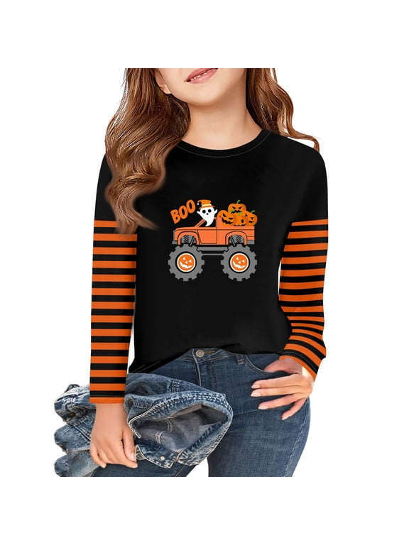 Halloween Shirts for Kids Girls Spooky Ghost Truck Graphic T-Shirts for Kid Girls Crewneck Long Sleeve Tee Shirts for Girls Fall Funny Cute Blouses for Girls,6-7 Years