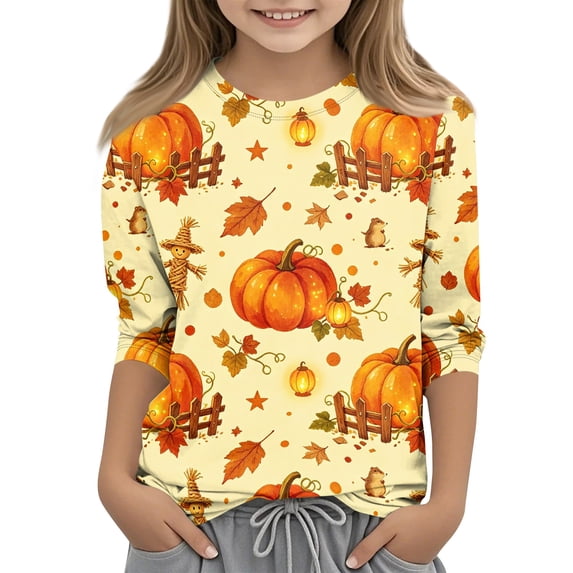 Abcomgle Halloween Shirts for Kids Girls Spooky Maple Leaf Pumpkin Print T-Shirts for Girls Crewneck 3/4 Sleeve Shirts for Kids Girls Fall Funny Scary Blouses for Girls