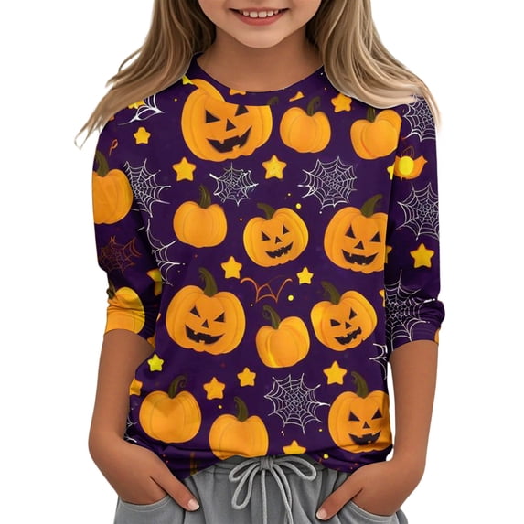 Abcomgle Halloween Shirts for Kids Girls Spooky Pumpkin Face Graphic T-Shirts for Girls Crewneck 3/4 Sleeve Tshirts for Kids Fall Funny Cute Top for Girls,5-6 Years