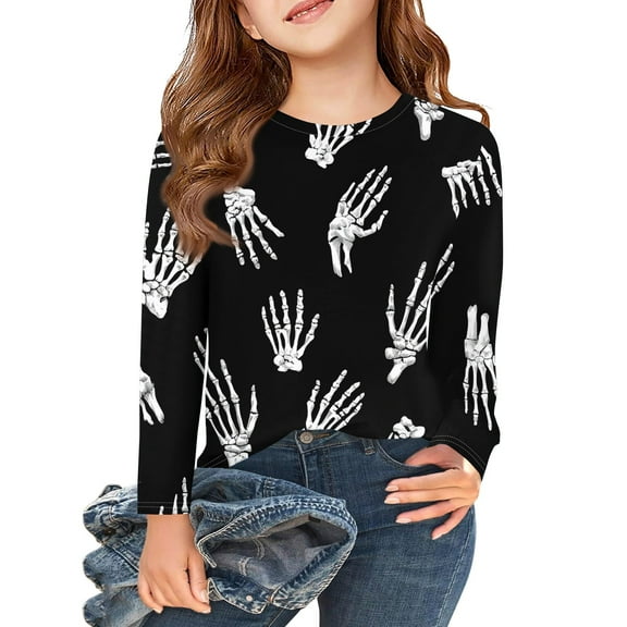 Abcomgle Halloween Shirts for Kids Girls Spooky Skull Finger T Shirts for Girls Crewneck Long Sleeve Shirts for Kids Girls Fall Funny Cute Top for Girls,3-4 Years