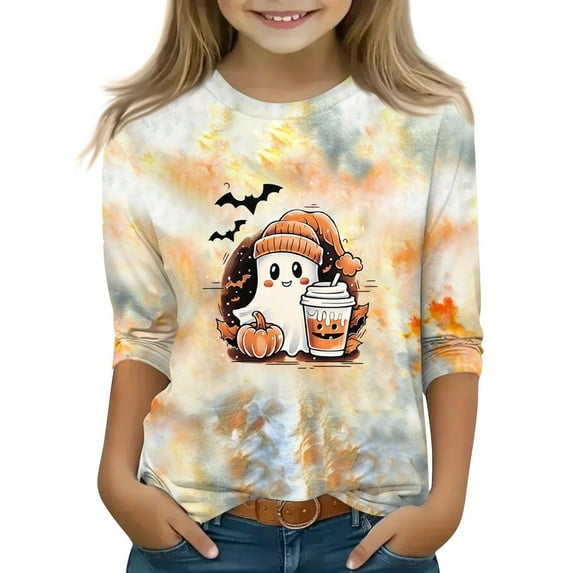 Abcomgle Halloween Shirts for Kids Girls Spooky Tie Dye Ghost Pumpkin Bat Tshirts for Kids Crewneck 3/4 Sleeve Tee Shirts for Girls Fall Funny Scary Blouses for Girls,9-10 Years