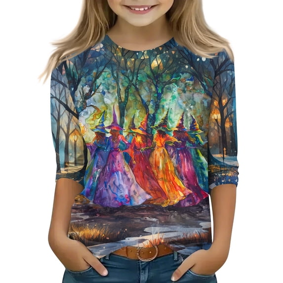 Abcomgle Halloween Shirts for Kids Girls Spooky Witches Gather Tee Shirts for Girls Crewneck 3/4 Sleeve Tshirts for Girls Fall Funny Holiday Blouses for Girls,10-11 Years
