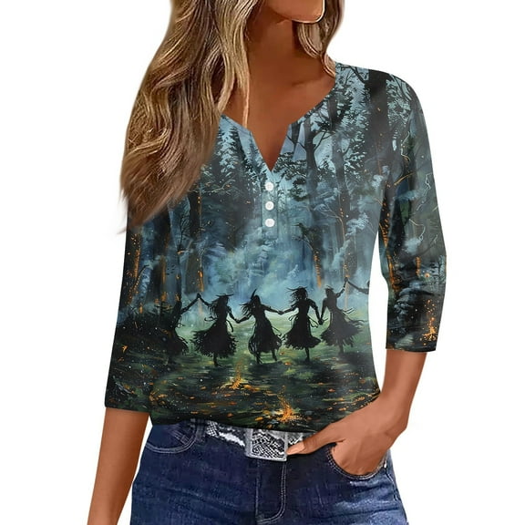 Abcomgle Halloween Shirts for Women Henley V Neck 3/4 Sleeve Tee Top for Women Cute Witches Gather Graphic T Shirts for Women Holiday Fashion Halloween Graphic Tees Women,S