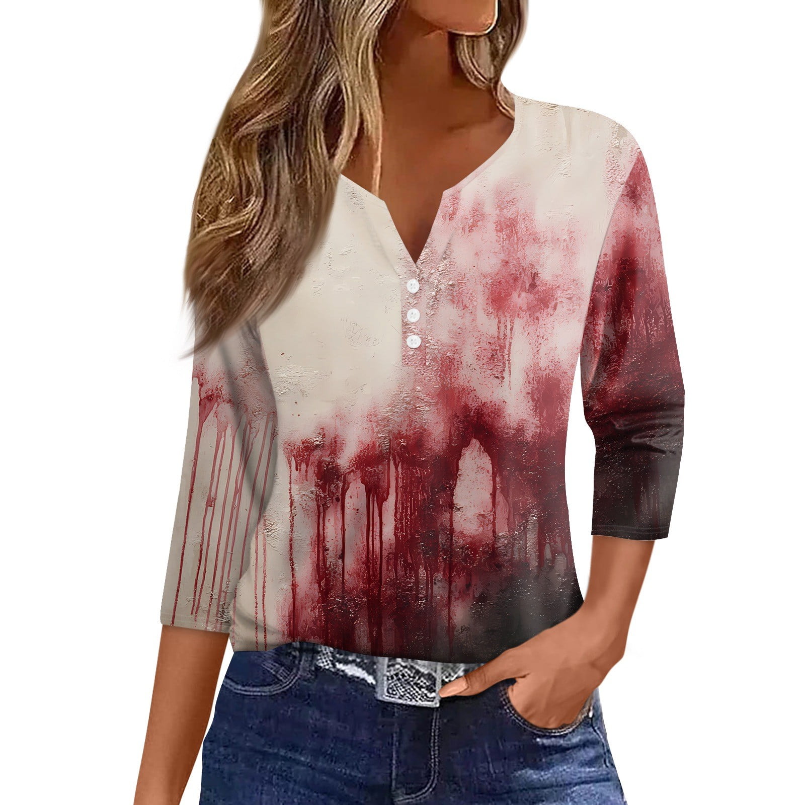 Abcomgle Halloween Shirts for Women Henley V Neck 3/4 Sleeve Top for ...