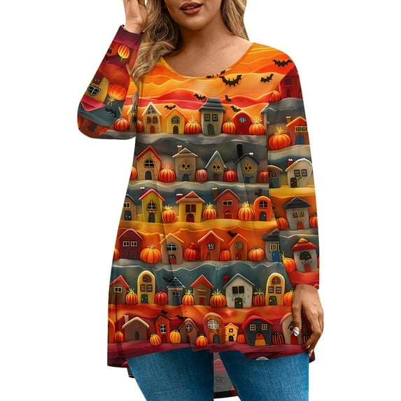 Abcomgle Halloween Shirts for Women Plus Size Cute 3D Print Pumpkin Graphic Tshirts for Women Oversized Crewneck Long Sleeve Tee Top for Women Holiday Trendy Womens Shirts,L