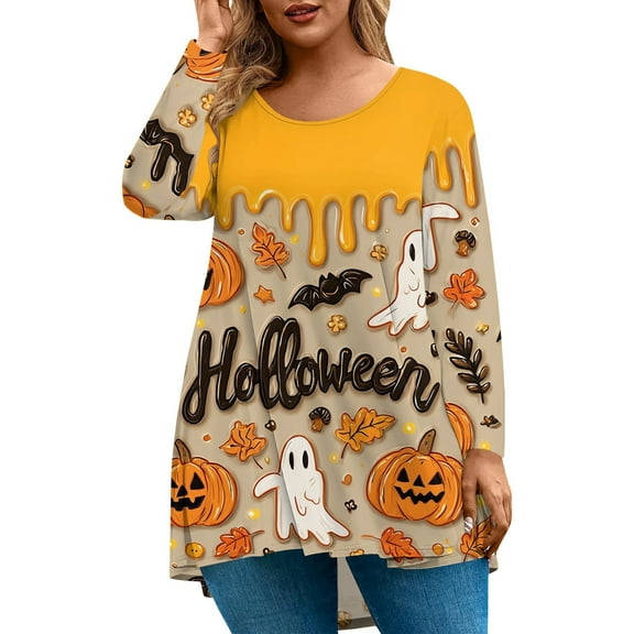 Abcomgle Halloween Shirts for Women Plus Size Cute 3D Pumpkin Graphic Shirts for Women Crewneck Long Sleeve Tee Top for Women Fall Loose Fit Womens Tops,XL