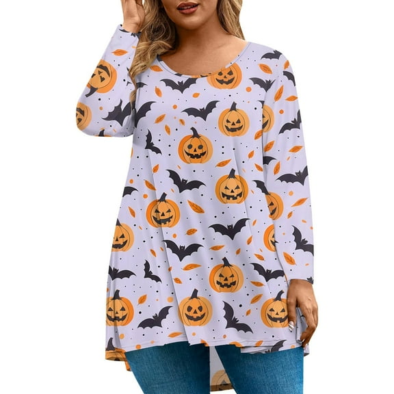 Abcomgle Halloween Shirts for Women Plus Size Cute Pumpkin Bat Graphic Shirts for Women Oversized Crewneck Long Sleeve Top for Women Holiday Loose Fit Womens Tunic Tops,5XL