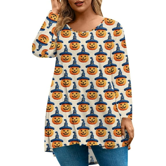 Abcomgle Halloween Shirts for Women Plus Size Cute Witchs Hat Pumpkin Graphic T Shirts for Women Crewneck Long Sleeve Tunic Top for Women Fall Fashion Womens Tunic Tops,L