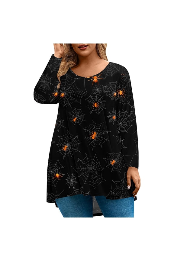 Halloween Shirts for Women Plus Size Funny Spider Web Graphic T Shirts for Women Crewneck Long Sleeve Tee Top for Women Holiday Trendy Womens Tee Tops,XL