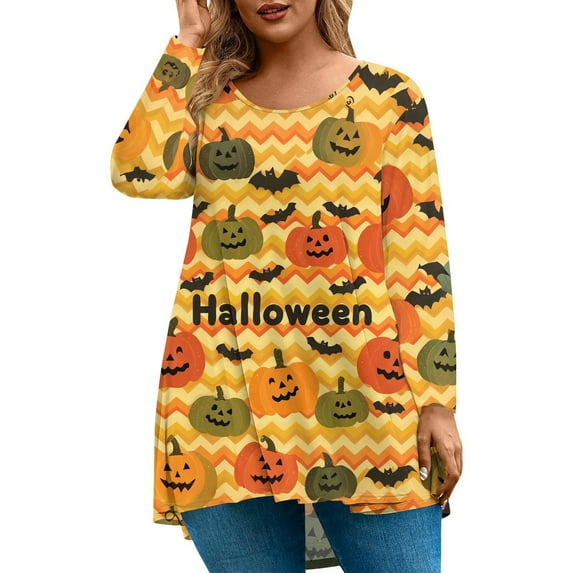 Abcomgle Halloween Shirts for Women Plus Size Funny Striped Pumpkin Bat Graphic T-Shirts for Women Oversized Crewneck Long Sleeve Tee Top for Women Holiday Loose Fit Halloween Outfits Women,XL