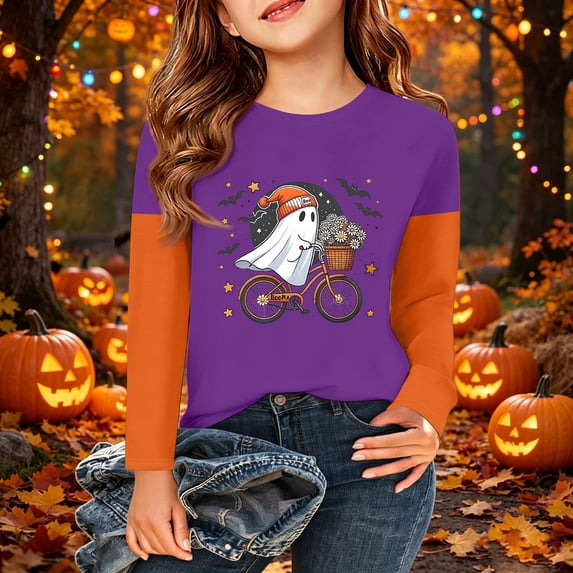 Abcomgle Halloween Shirts for Girls Spooky Ghosts Riding Bike T Shirts for Girls Crewneck Long Sleeve Shirts for Kids Fall Funny Cute Top for Girls