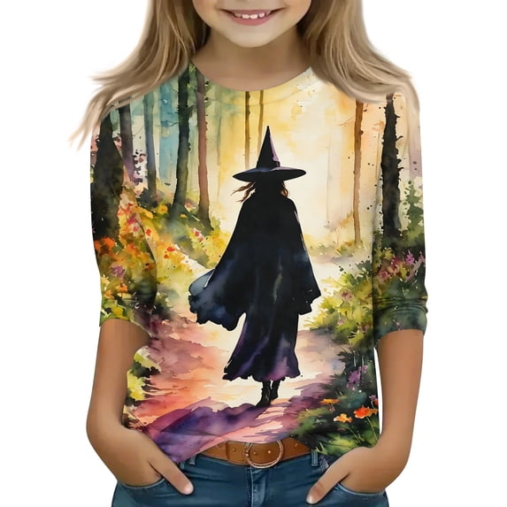 Abcomgle Halloween Shirts for Girls Spooky Witches Graphic Tshirts for Girls Crewneck 3/4 Sleeve Shirts for Kids Fall Funny Cute Blouses for Girls