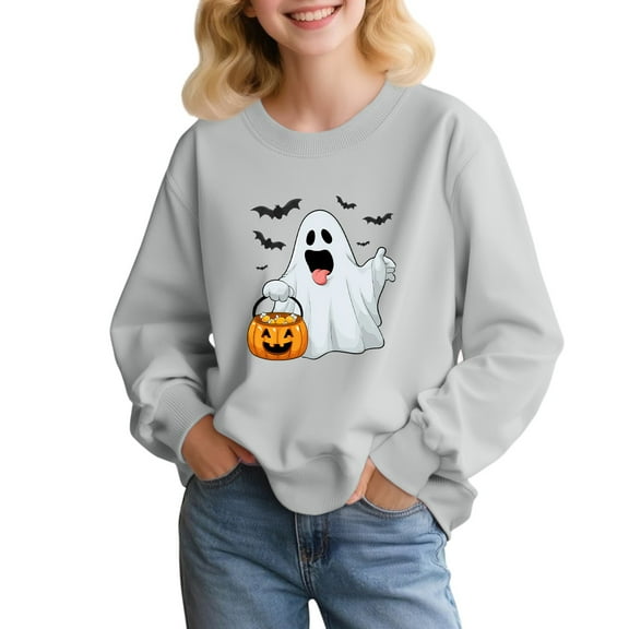 Abcomgle Halloween Sweatshirt Girls 10-12 Spooky Ghost Boo Graphic Girls Pullover Sweatshirt Loose Crewneck Long Sleeve Sweaters for Teens Trendy Winter Clothes for Tween Girls,8-9 Years