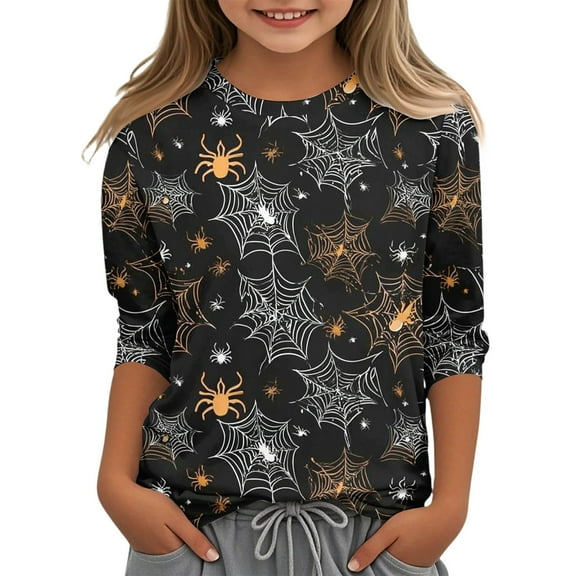 Abcomgle Halloween T Shirts for Girls Spooky Bat Spider Graphic Tshirts for Girls Crewneck 3/4 Sleeve Tshirts for Kids Fall Funny Scary Tee Top Girls,5-6 Years