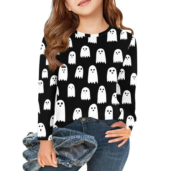 Abcomgle Halloween T Shirts for Girls Spooky Boo Ghost Graphic Tshirts for Girls Crewneck Long Sleeve Shirts for Kids Fall Funny Holiday Tee Top Girls,6-7 Years