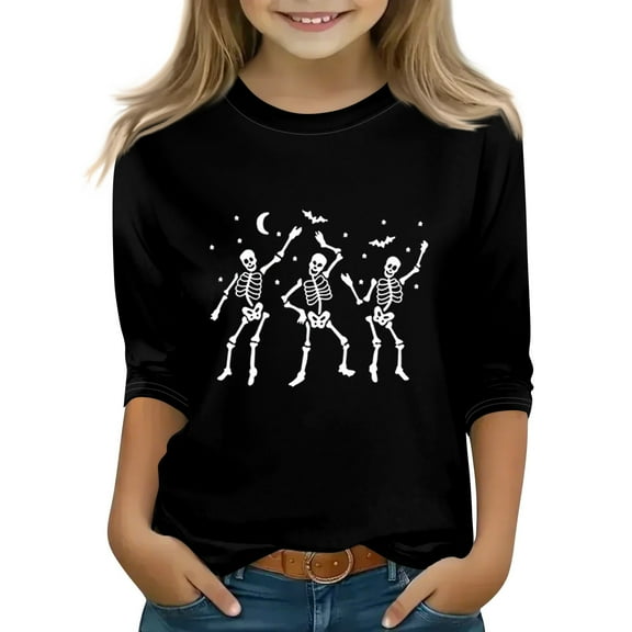 Abcomgle Halloween T-Shirts for Girls Spooky Dancing Skeleton Graphic Tshirts for Kids Crewneck 3/4 Raglan Sleeve Shirts for Kids Fall Funny Holiday Top for Girls,3-4 Years