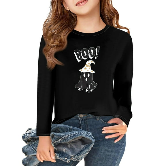 Abcomgle Halloween T Shirts for Girls Spooky Ghost Boo Graphic Shirts for Kids Girls Crewneck Long Sleeve Tshirts for Kids Fall Funny Scary Top for Girls,2-3 Years