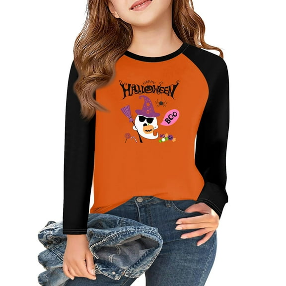 Abcomgle Halloween T-Shirts for Girls Spooky Ghost Boo Graphic T-Shirts for Girls Crewneck Raglan Long Sleeve T Shirts for Girls Fall Funny Holiday Tee Top Girls,10-11 Years
