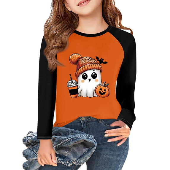 Abcomgle Halloween T-Shirts for Girls Spooky Ghost Drinking Coffee T-Shirts for Girls Crewneck Raglan Long Sleeve Shirts for Kids Fall Funny Holiday Tee Top Girls