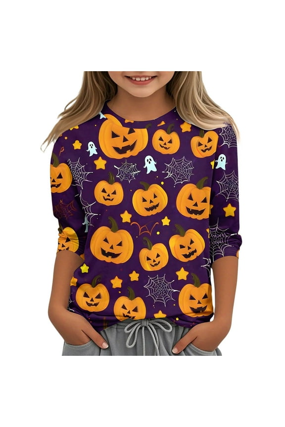 Halloween T-Shirts for Girls Spooky Ghost Pumpkin Graphic T Shirts for Girls Crewneck 3/4 Sleeve Tee Shirts for Girls Fall Funny Scary Tee Top Girls,9-10 Years