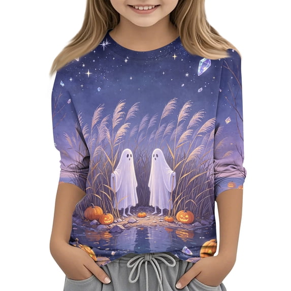 Abcomgle Halloween T-Shirts for Girls Spooky Ghost Pumpkin Graphic Tee Shirts for Girls Crewneck 3/4 Sleeve T-Shirts for Girls Fall Funny Cute Blouses for Girls