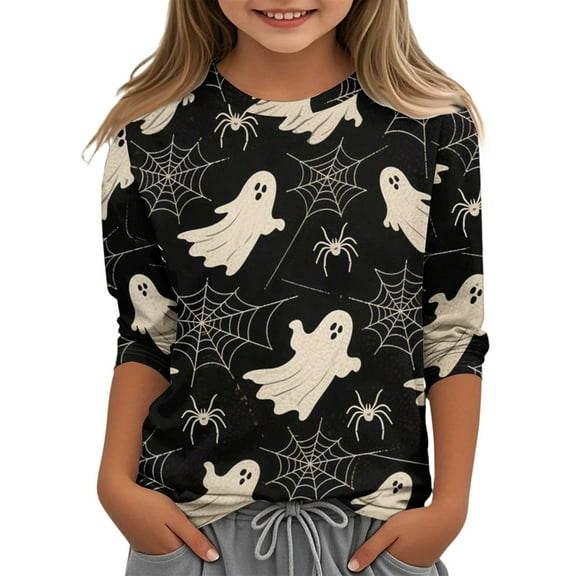 Abcomgle Halloween T-Shirts for Girls Spooky Ghost Spider Graphic T Shirts for Girls Crewneck 3/4 Sleeve Tshirts for Kids Fall Funny Scary Tee Top Girls,7-8 Years