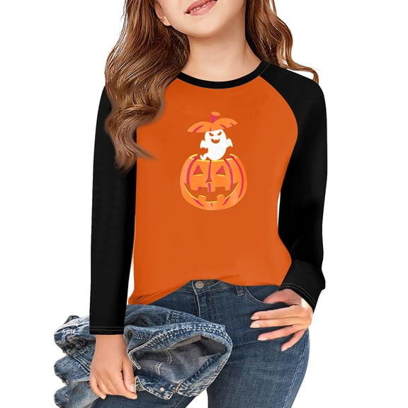 Abcomgle Halloween T-Shirts for Girls Spooky Jack O Lantern Tshirts for Girls Crewneck Raglan Long Sleeve T Shirts for Girls Fall Funny Cute Top for Girls,6-7 Years